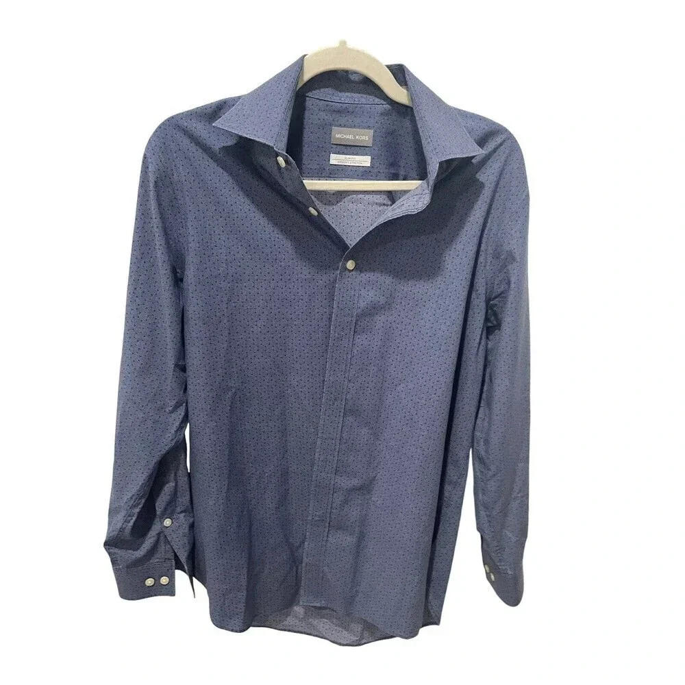 💙 Michael Kors Slim Fit Dress Shirt‎ 👔 Blue Micro Check Airsoft Stretch L 💙